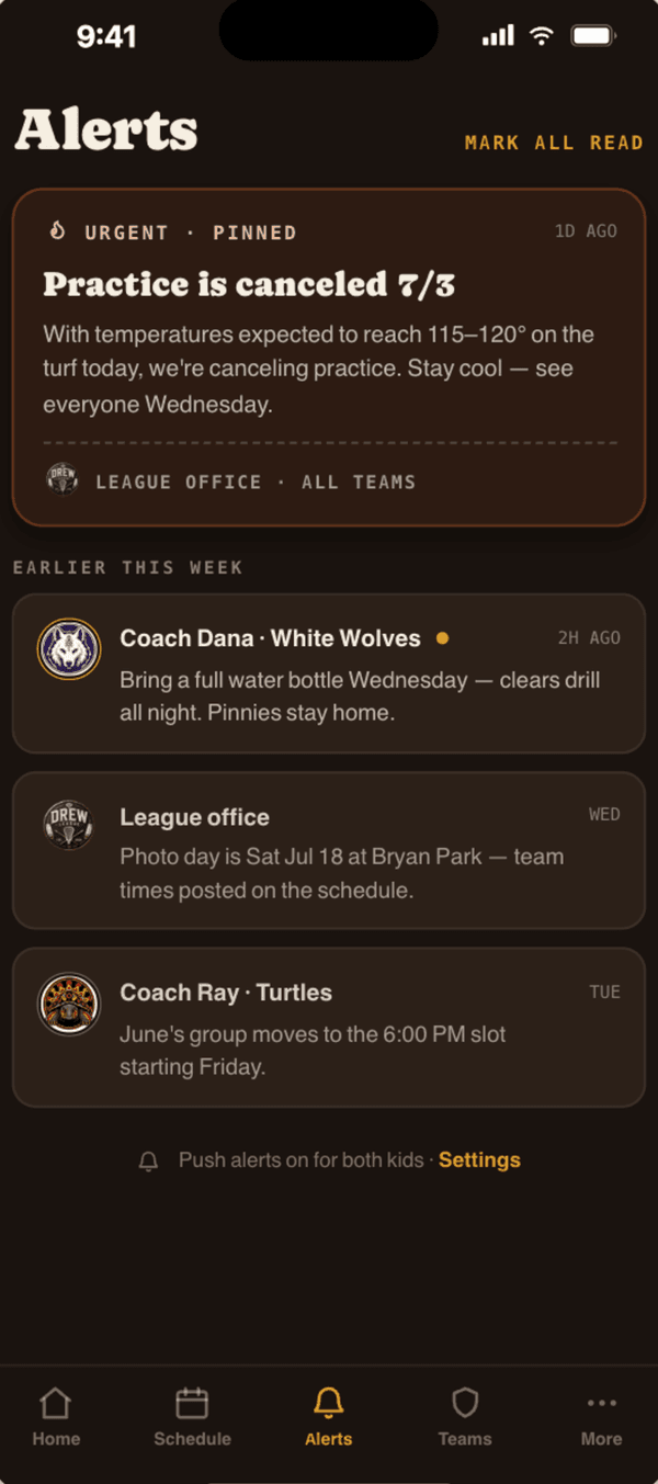 Drew League app game-day alerts screen