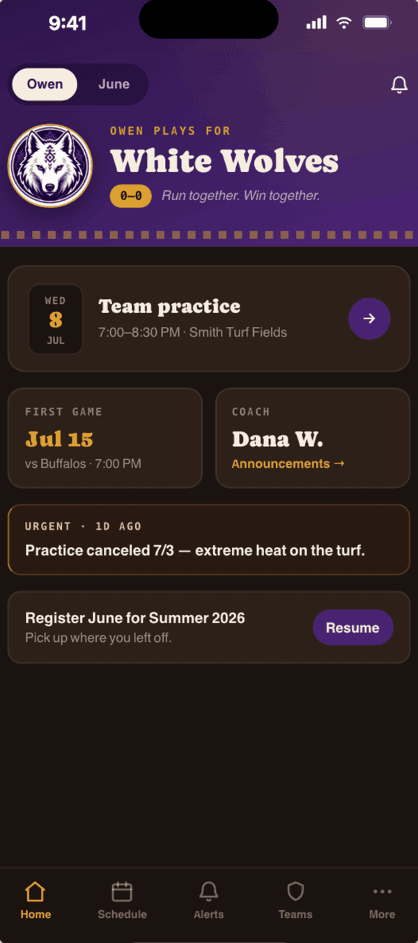 Drew League app home screen showing your kid's next game